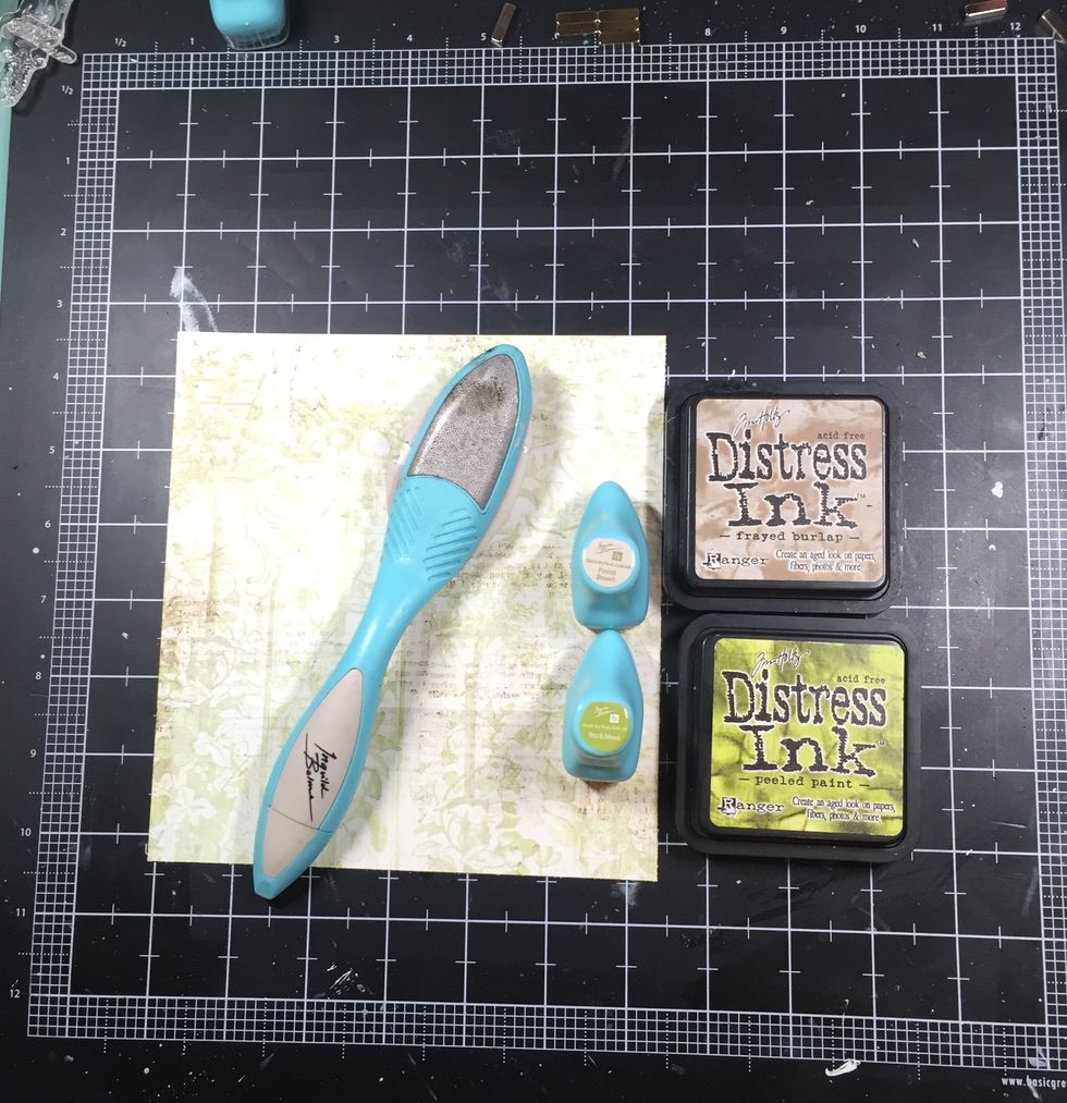 I really wanted to showcase the different colors of the papers, so I used green for my green layer, which is 7.5X7.5 inches\u2026 (I used Distress Peeled Paint and Rock Moss chalk)