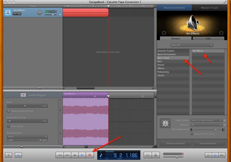I recommend changing the Vocals/Band Instrument into a Basic Track, with no effects. That way, no weird audio modifications will automatically occur. Click the red record button.