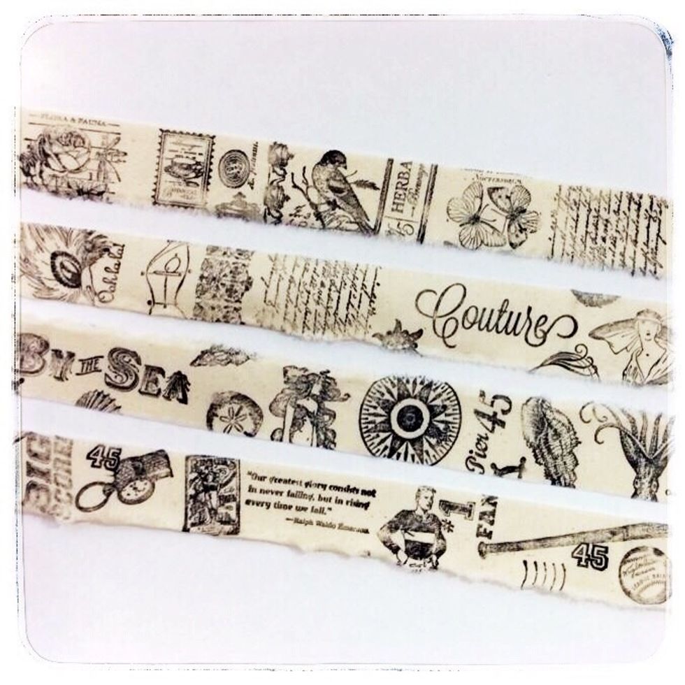 ...I remembered the lovely hand stamped muslin ribbons I'd made awhile back and could hardly wait to break into my stamps and ink and get to designing!!