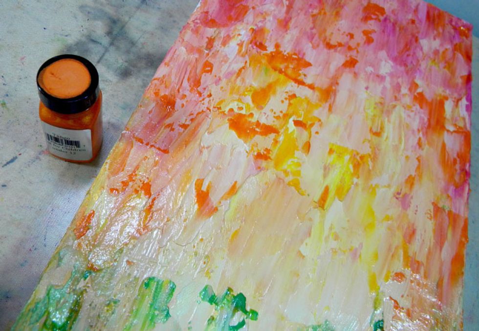 I repeated the process, adding more Tango and Lemon Tart,  in addition to pinks, Fiesta and Rhodolite Gemstones without adding gesso this time.  The colors are really vibrant in these areas.