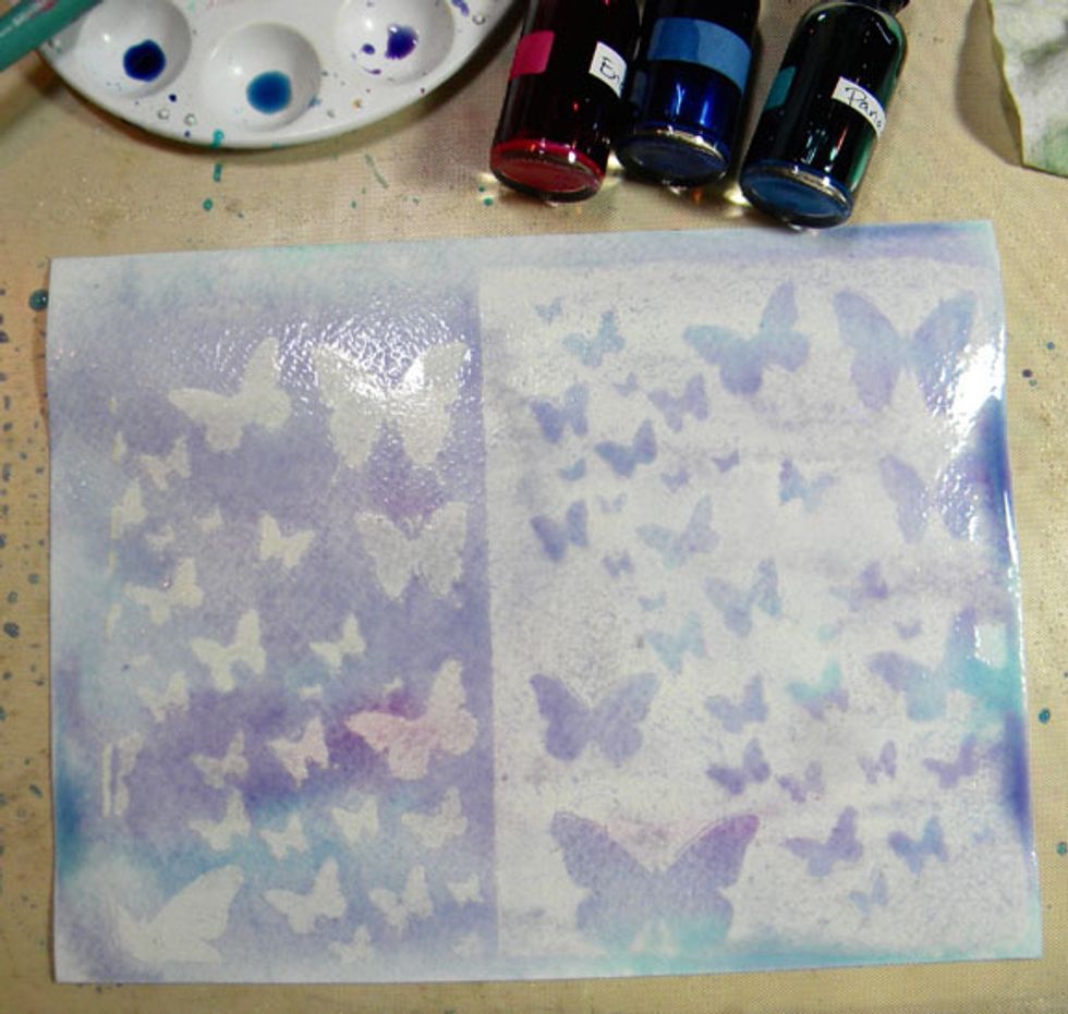 I repeated the technique using gesso, the Chasing Butterflies stencil, and Panache, Enchanting, and Stargazer Minx Inks.