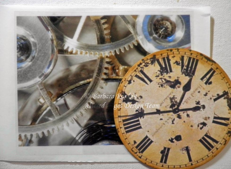 I resized the clock gears background to 4.5" x 6" so it would be large enough to cover the clock face and printed it out onto an acetate sheet.