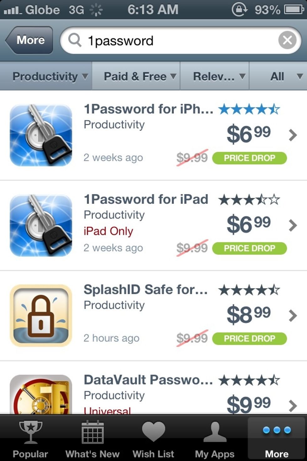i search for 1password. you'll see that its price has drop 2weeks ago. click 1password app for more details.