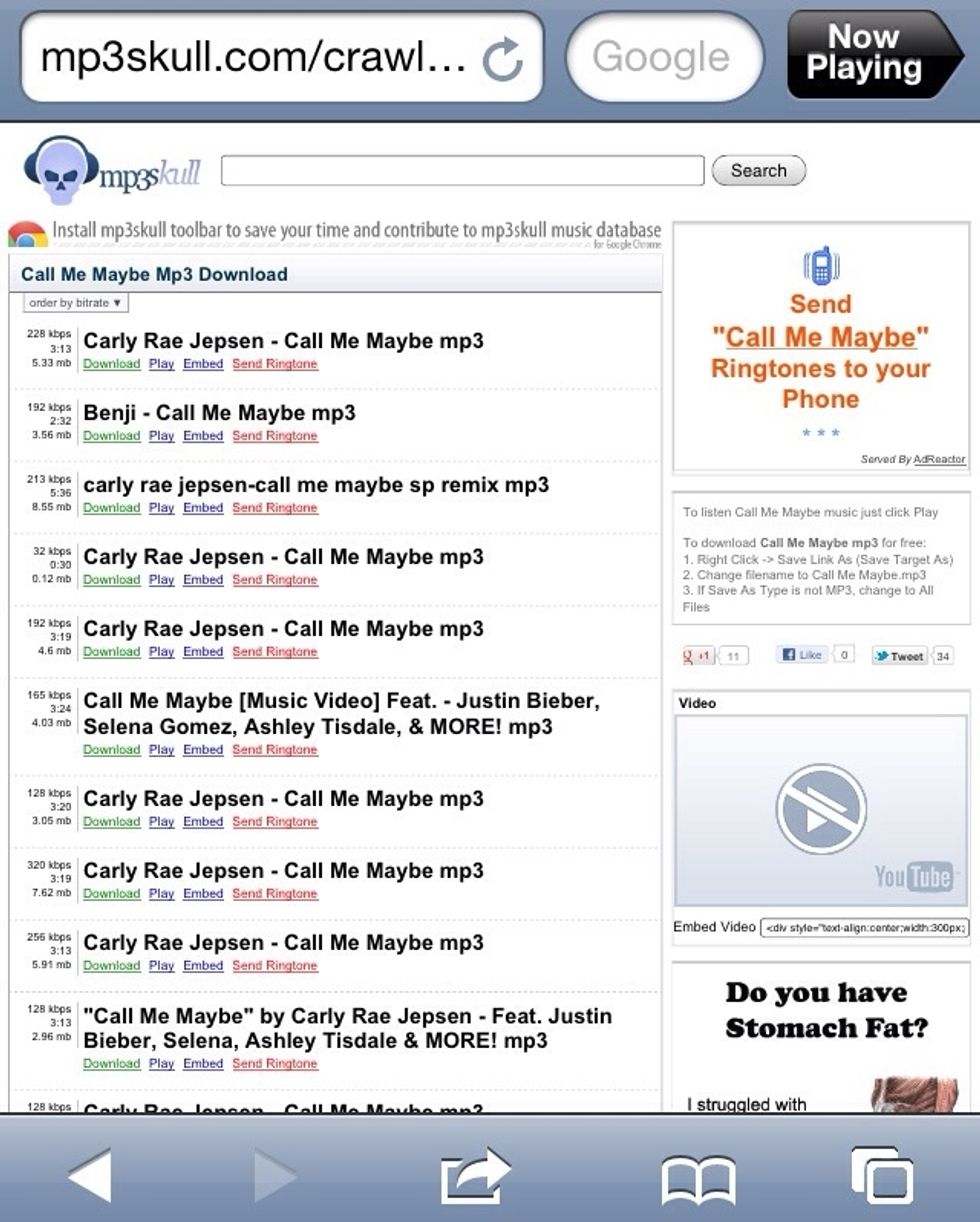 I searched "call me maybe" in the search bar and it came up with these results, to download click the download button in green underneath each song!