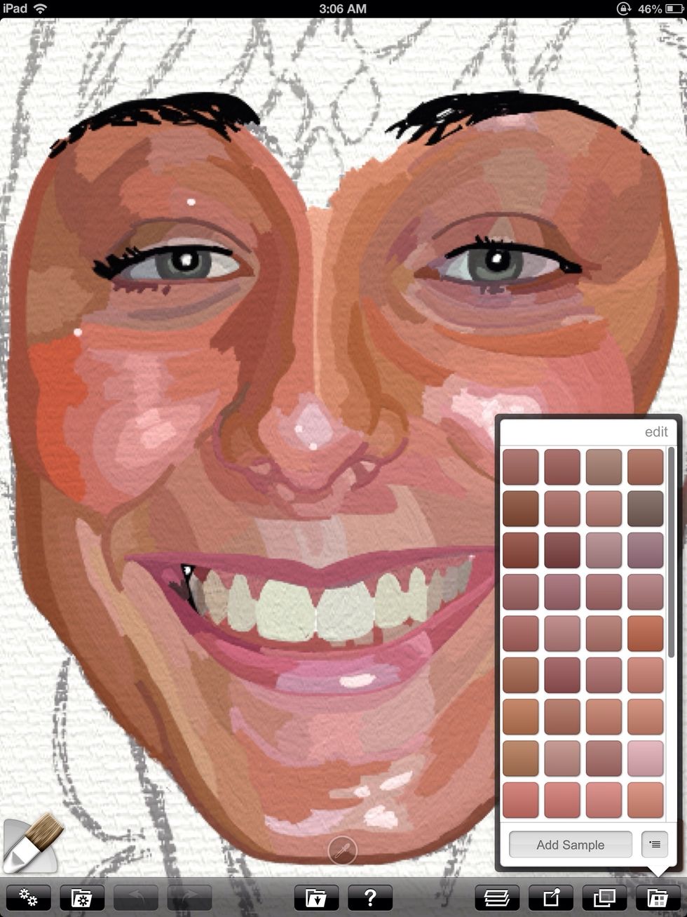 I see all of her skin tone variations as shapes. Using two fingers to measure proportions against each other also helps to capture the figure. For example her lips are one and a half eyes wide.