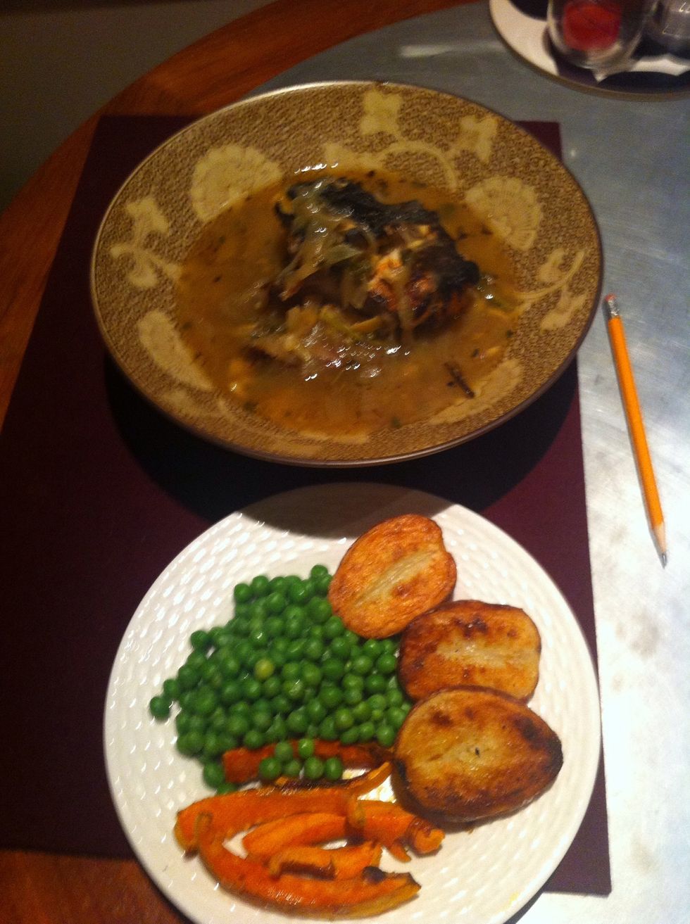 I served it with roasted potatoes and carrots along with peas on the side.