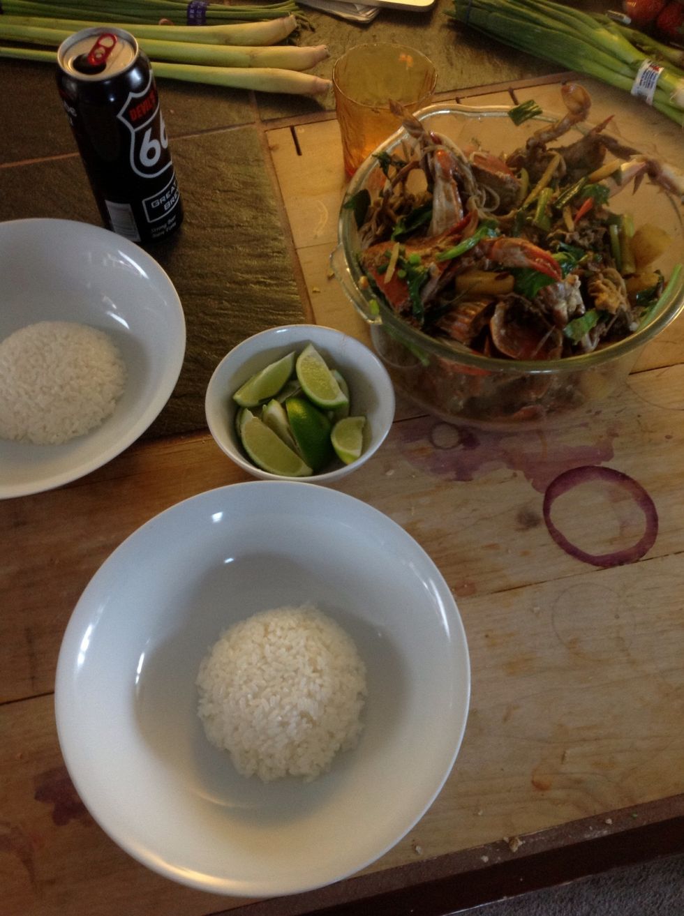 I set some big bowls with rice and a bowl of lime wedges to dress with.