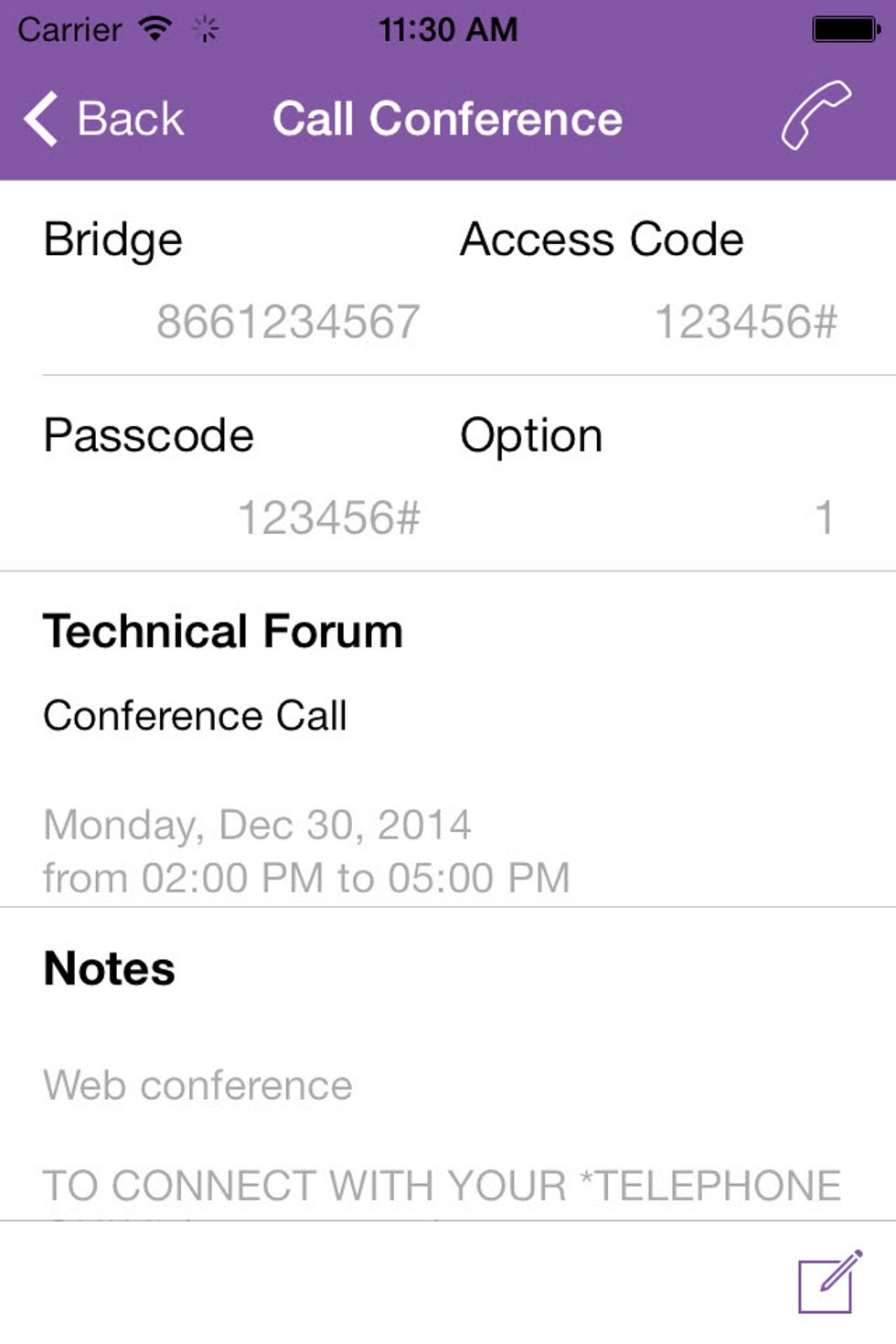 I simply scroll to the desired event and tap on it. A Call Conference page is being open