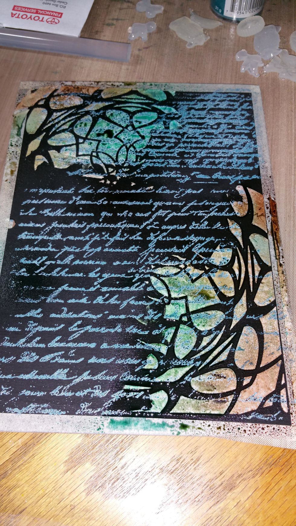 I sprayed Art Anthology Coloration sprays in various areas and dried with my heat tool. I used Rustic, Siesta Key, Grass, Timeless, and French Toast coloration sprays. Links to these are on main post.