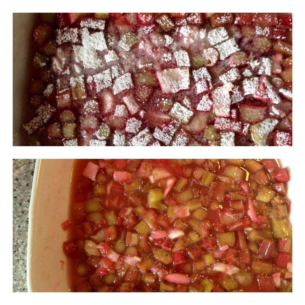 I sprinkled the maize flour over the baked chilled rhubarb and mixed it in.