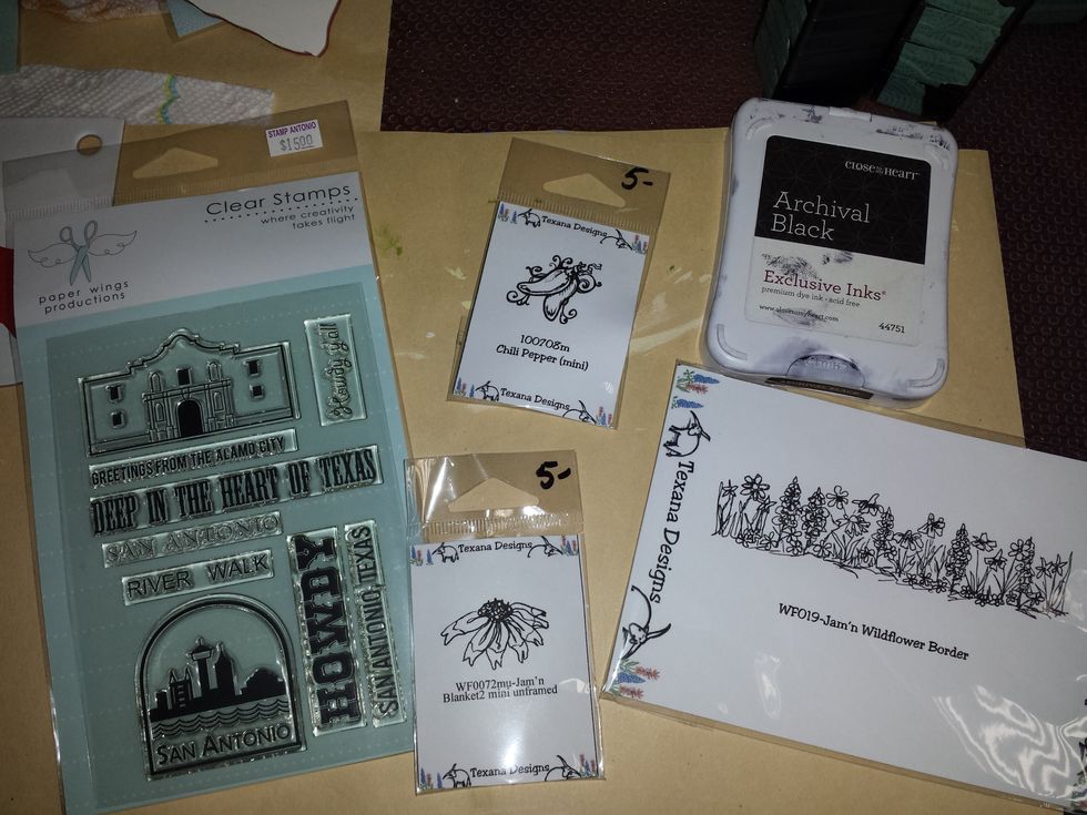 I stamped several Texas stamps from "Paper Wings Productions" and "Texas Designs", both local companies, using black archival ink on either regular watercolor papers or TH's watercolor paper.