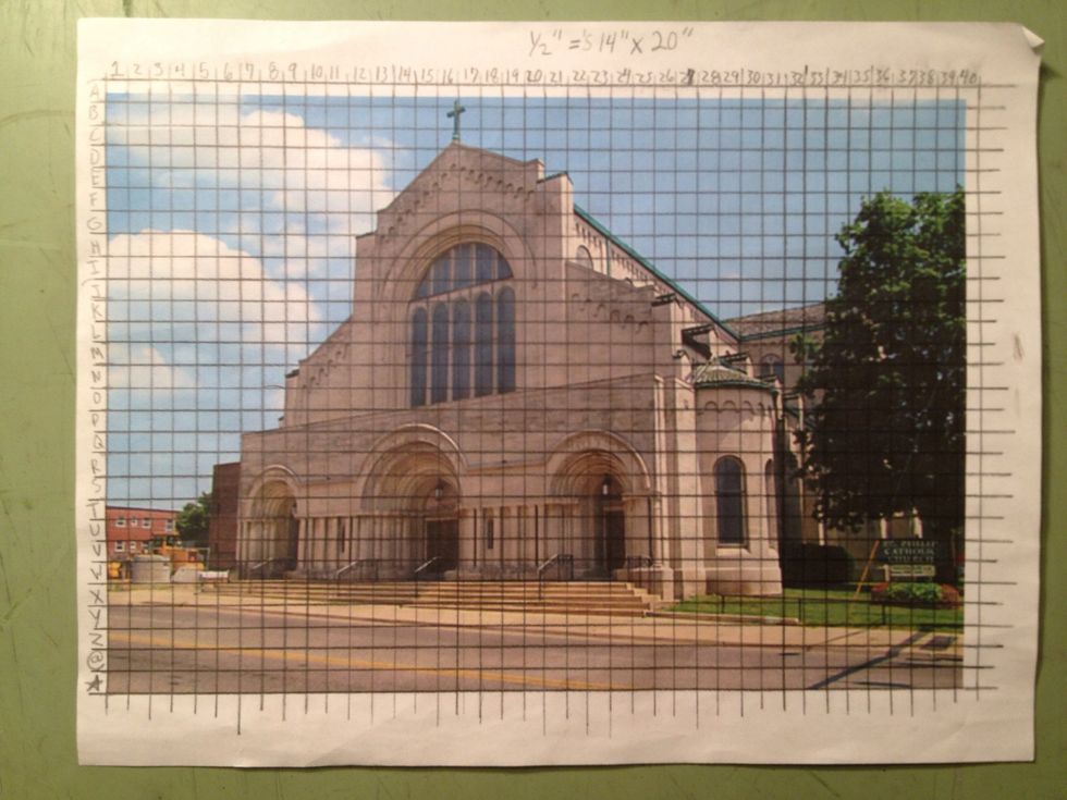 I start by taking my picture I am going to draw and draw a small grid on it with pencil. Make sure to do it precisely and dark enough to see. Label the top1-? And the side A-Z or in this case A-\ud83c\udf1f