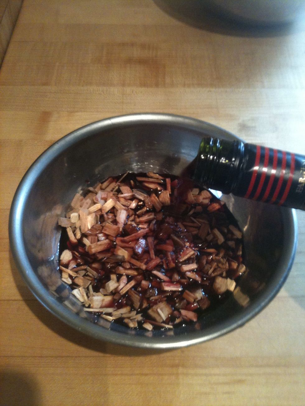 I started by putting some chips into a bowl (about a hand full for a light smoke taste). Pour the red wine in til it covers the chips.