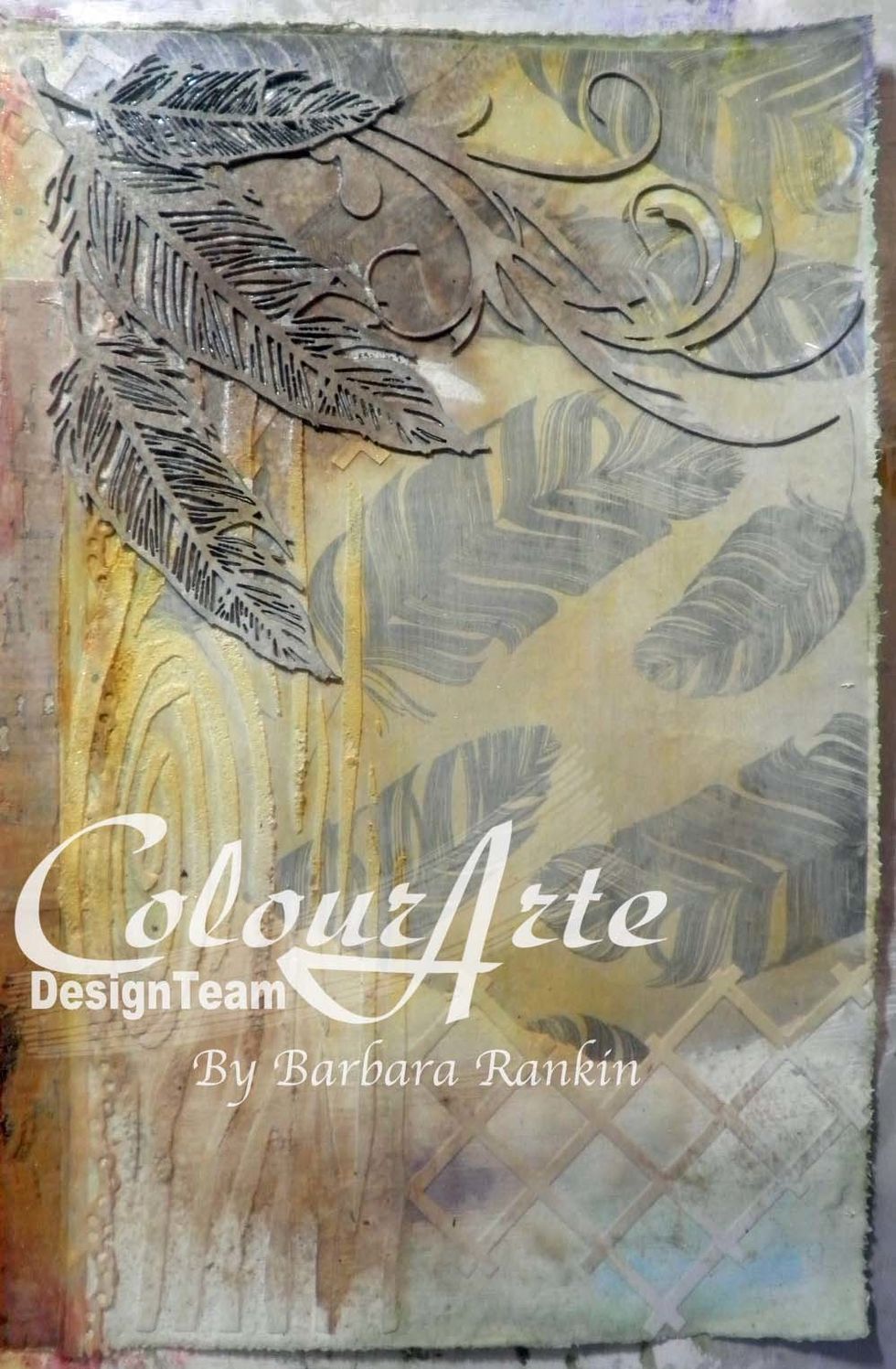 I started to color the background by dabbing some ColourArte Yellow Rose first, misting with water and Walnut Ink, allowing it to run, then spreading with a brush to mix and blend colors. Let dry.