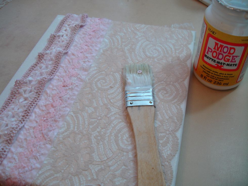 I started with an 8x10 Canvas and added some lace and trim, I adhered the trim down with Modge Podge.