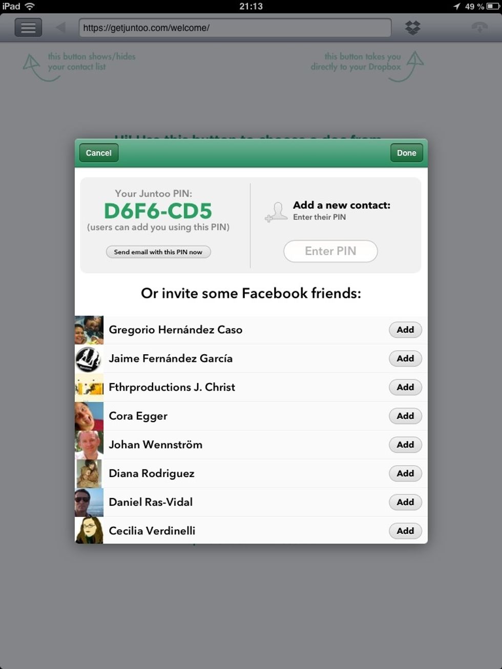 I tap the "Send email with this PIN now". Your friend will use this PIN to add you as a contact on Juntoo (you can see the "Enter PIN" on the left in the image).