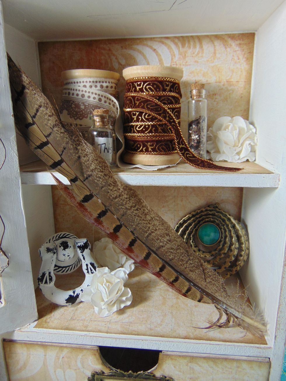 I then stuck one of the gorgeous feathers inside the door across the shelves. The door still closes nicely.