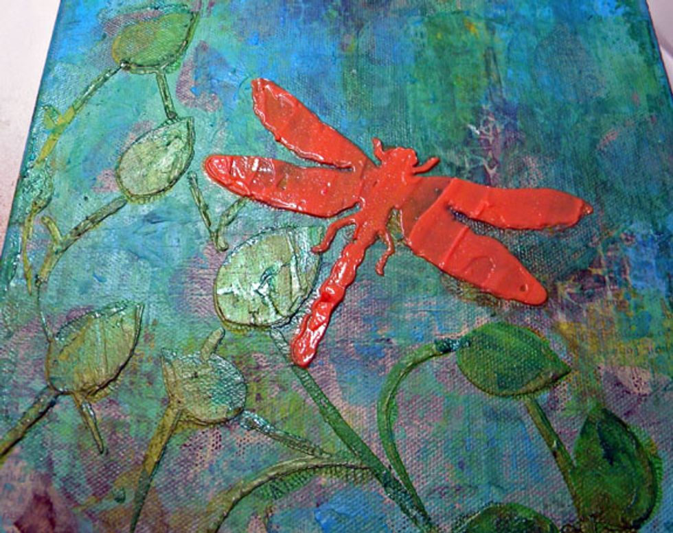 I tinted the Mud Texture Paste with Coral Sorbet and applied a thick coat through the stencil.  I let it dry completely before the next step.