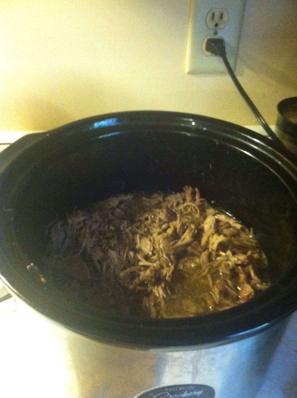 I took about half of the broth out and added the crispy pork back into the crock and marinated for another 30 minutes.