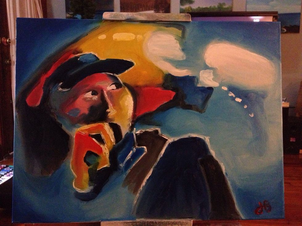 I took my pinky and some white and drew a white line around the figure. It makes it pop as well as gives it a stained glass look and feel.