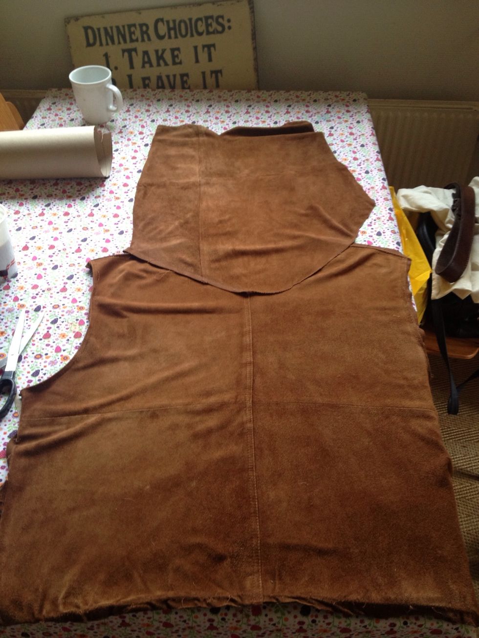 I took the coat apart and used the back and one of the sleeves. After I cut the suede I sewed the two pieces together so I had one long piece of suede.