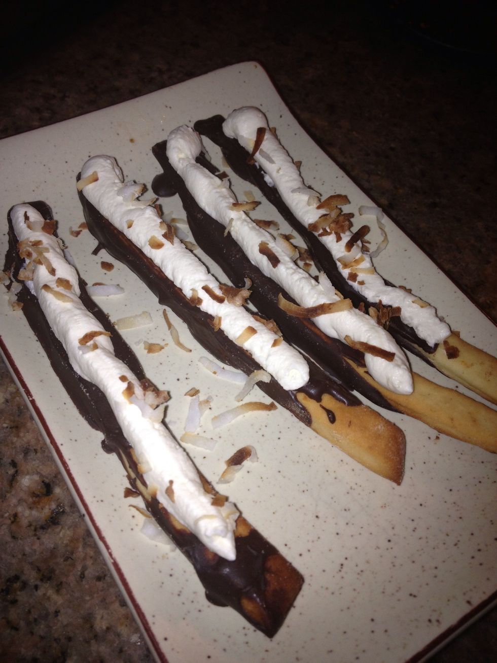 I topped some of the pocky with whip cream and toasted coconut