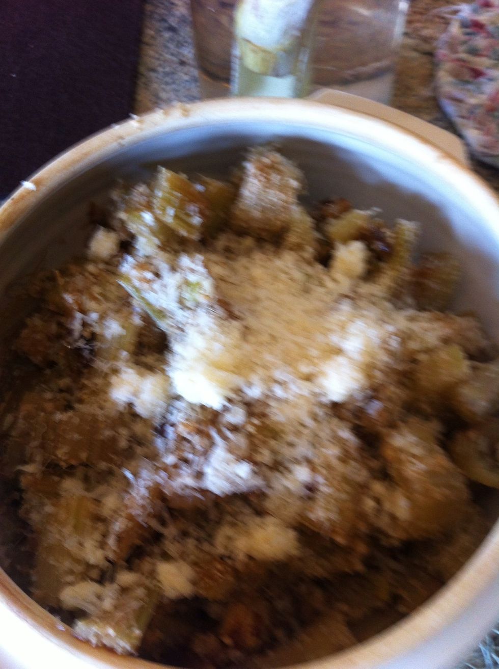 I tossed bread crumbs with the cardoons in a bowl and topped with grated Parmesan cheese.