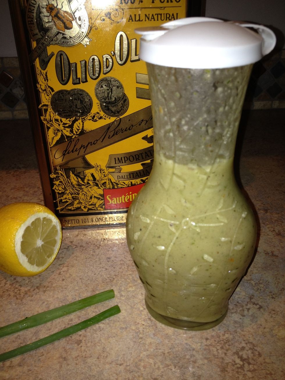 I transferred my dressing to a container because I know I won't use it all for the salad. It will keep in the refrigerator for 2 weeks.