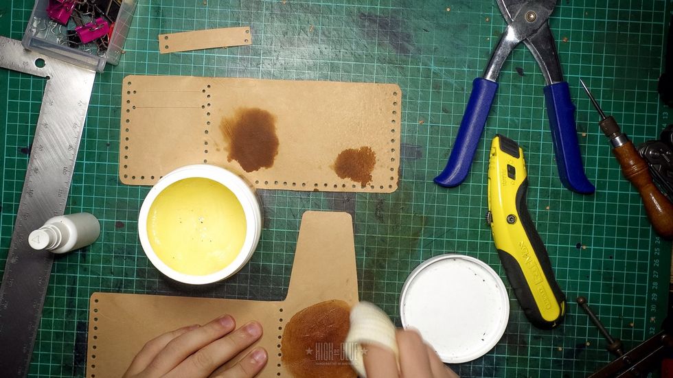 I\u2019m adding some leather conditioner and oil to finish and seal the leather before stitching (optional)