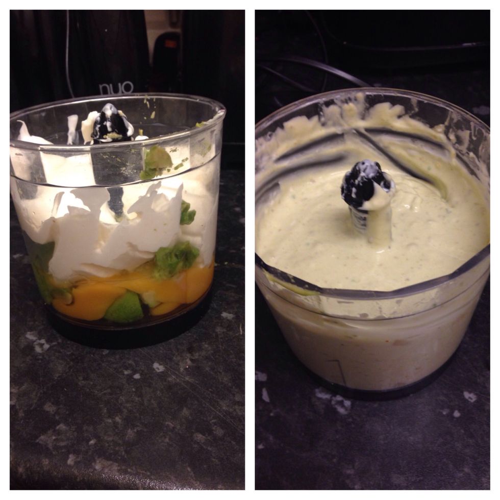 I use a food blender. Blend everything together and you should end up with a nice creamy mixture.