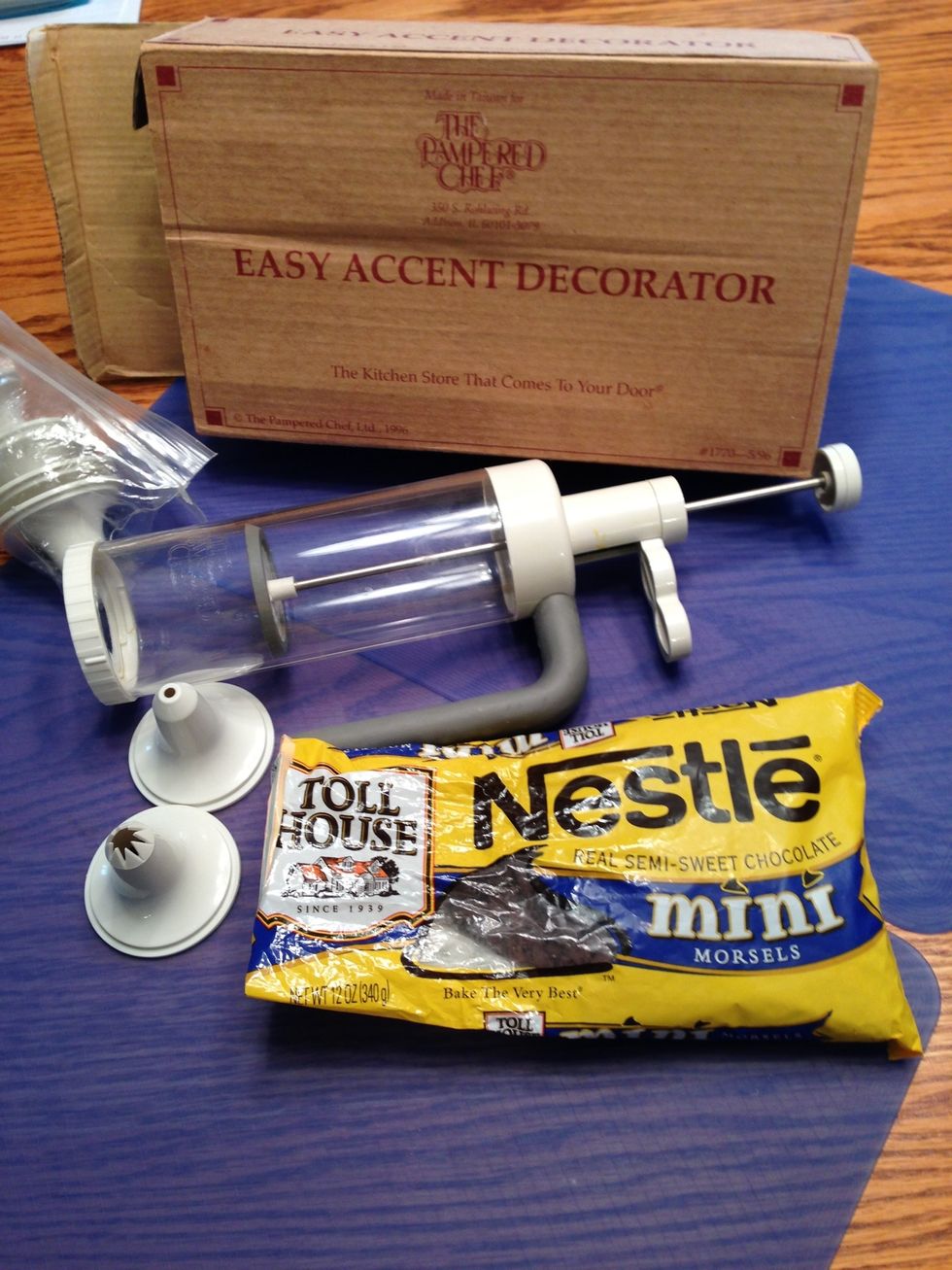 I use a pampered Chef Decorator for frosting, and the 2 tips shown. I store the mini chocolate chips in my freezer since recipe requires so few. They keep for 2-3 years.