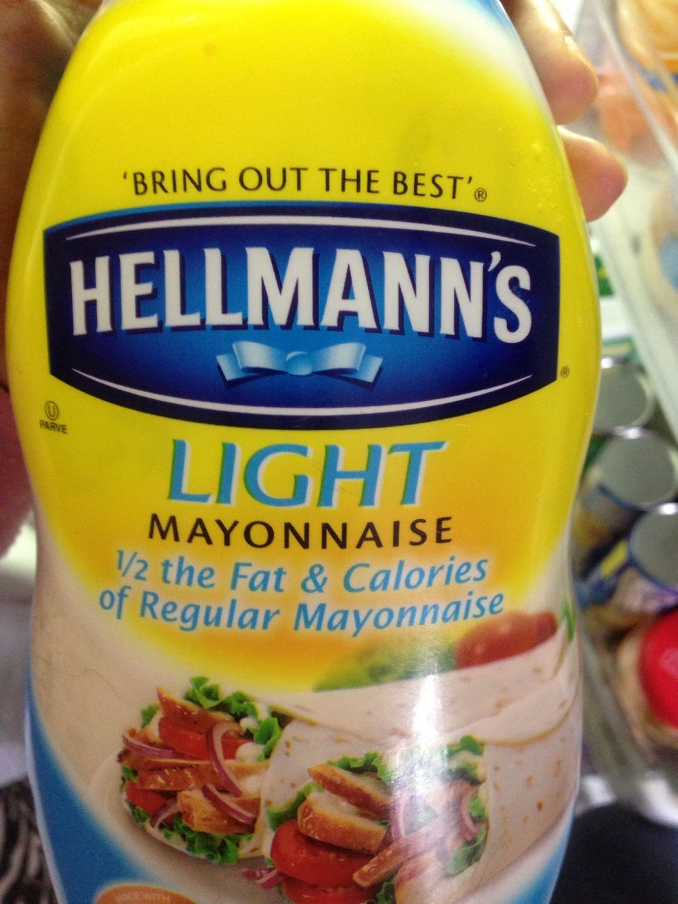 I use approximately 1/3 cup of mayo. I suggest take a spoon of mayo at a time and start mixing before adding more just to make sure it's not too runny.