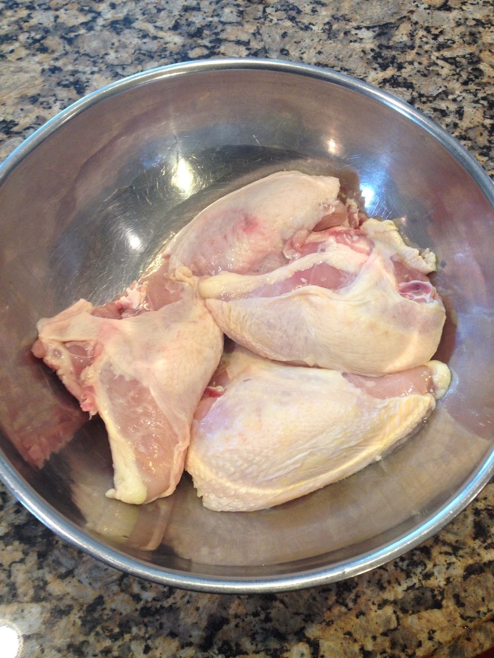 I use chicken breasts on the bone. Skin on, and pat dry. The key to any well roasted meat is very dry skin. It will help crisp and brown up best. Place these in a large bowl