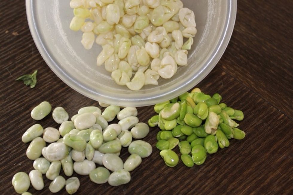 I use frozen green wide beans. You have to peel the white shells and use only the green beans inside it.