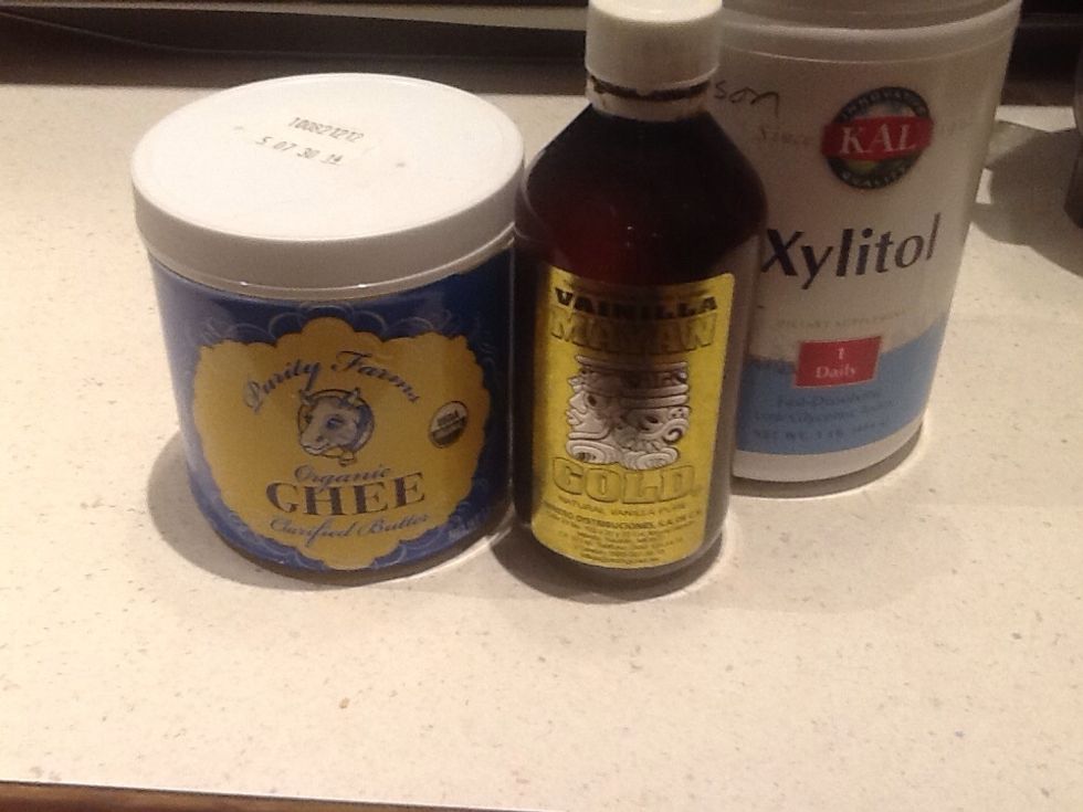 I use Ghee to increase the fat content. The vanilla is a gift from my Christy. We use xylitol to have sweeter ice cream without the insulin response.