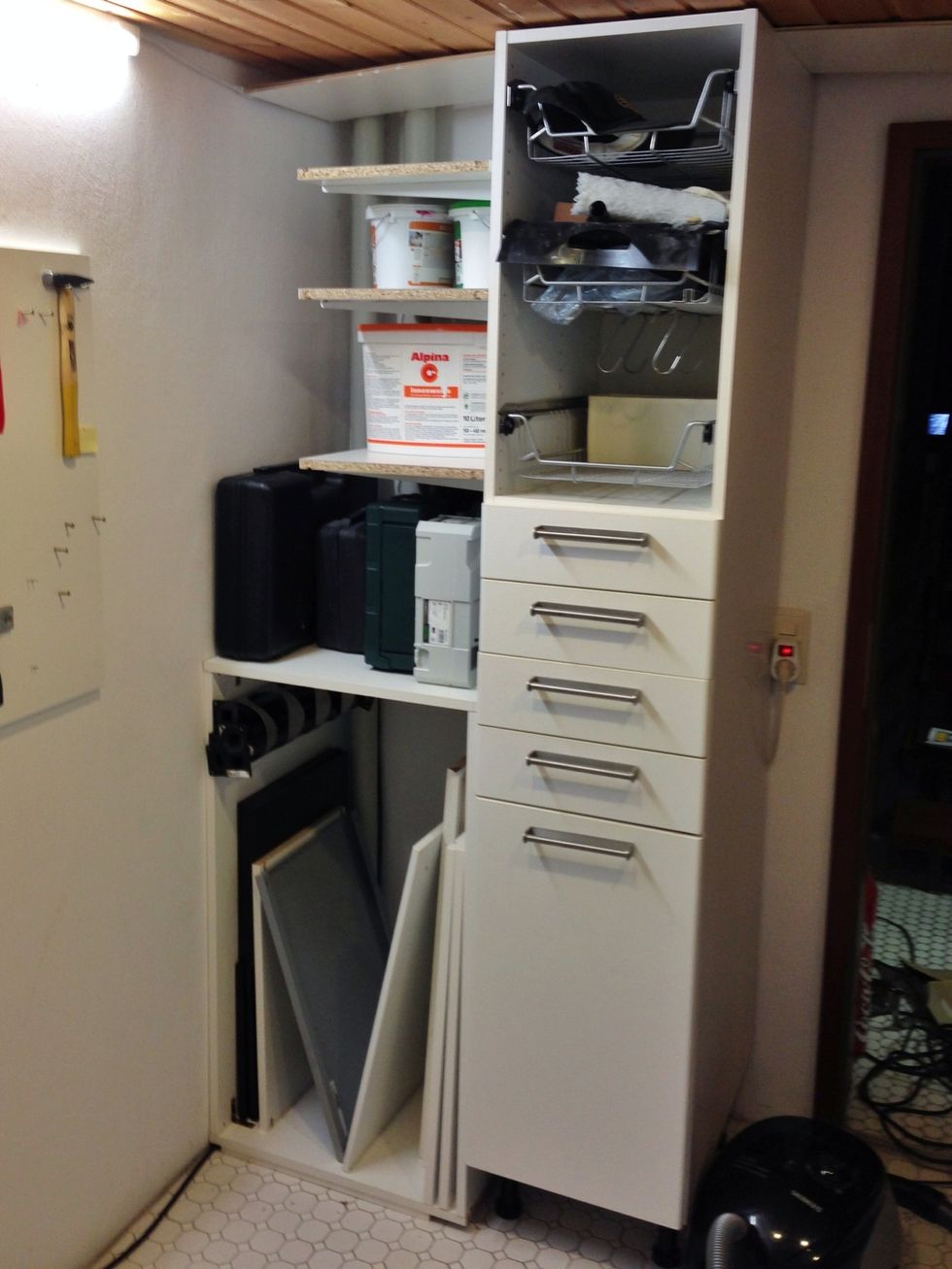 I use kitchen cabinets like these to organize my basement. You can do this with nearly every kitchen cabinet or dresser.