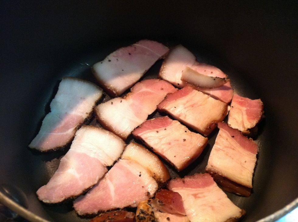 I use slab bacon and sliced into pieces, but feel free to use any cured packaged bacon from the local shop. Saut\u00e9 on medium, move around careful not to crisp/burn