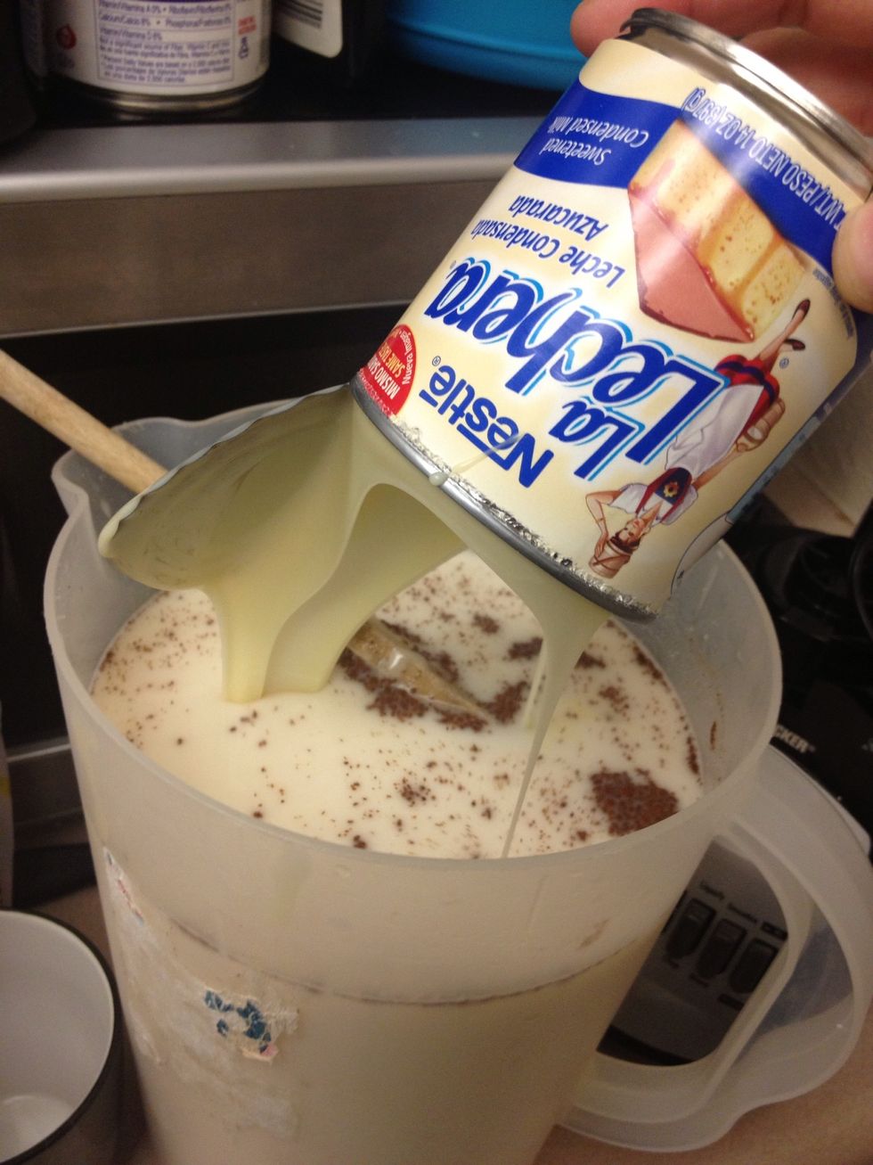 I use sweetened condensed milk, and less sugar. Mix well!