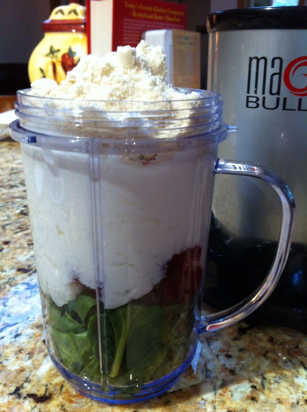 I use the Magic Bullet, but a blender works too. Fill your cup or blender jar with ingredients. Add 1/4 cup water or a few ice cubes. Turn blender to puree or highest setting. Blend until smooth.