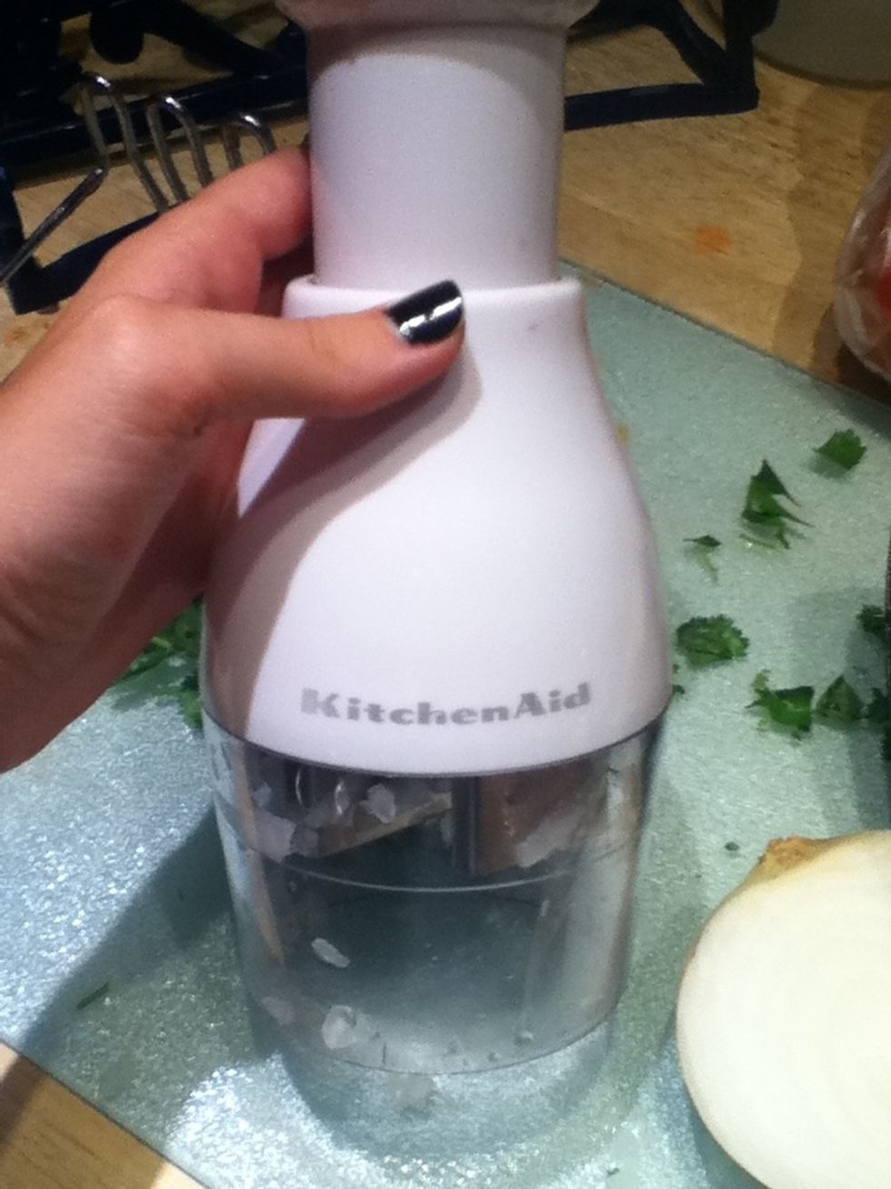 I use this kitchenAid chopper to finely chop the onion, make as small as possible and put into bowl.