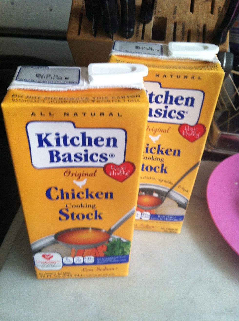 I use two cartons of kitchen basics chicken stock. I love this stock b/c there is soo much flavor and not a lot of sodium.