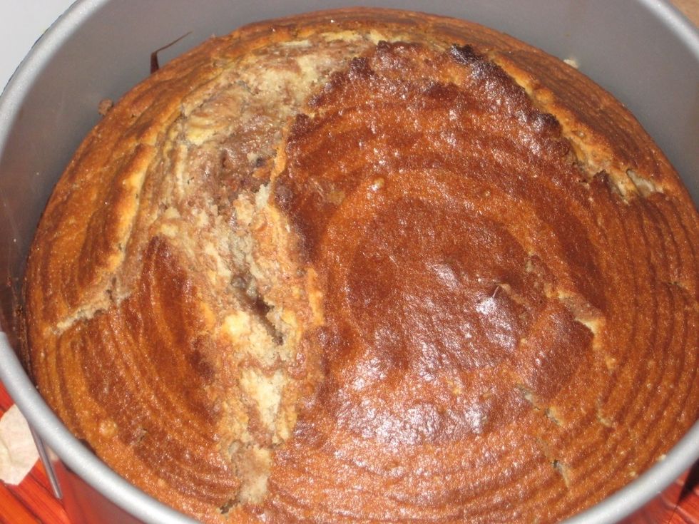 I used a 8 inch round tin and the cake took close to 1 hour to bake. It's ok for the cake to crack. When using a larger tin, it will take less time to bake.