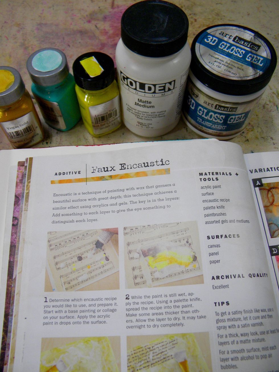 I used a book called Surface Treatment Workshop as a guide, which has step by step directions on how to do faux encaustic, among many other interesting mixed media techniques.