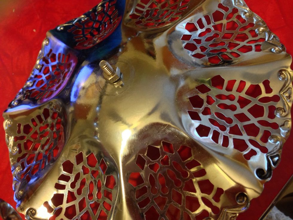 I used a candy dish for the top of my chime. Reversing the handle and removing the small base from the bottom. You may want to tarnish the dish to create that aged look.