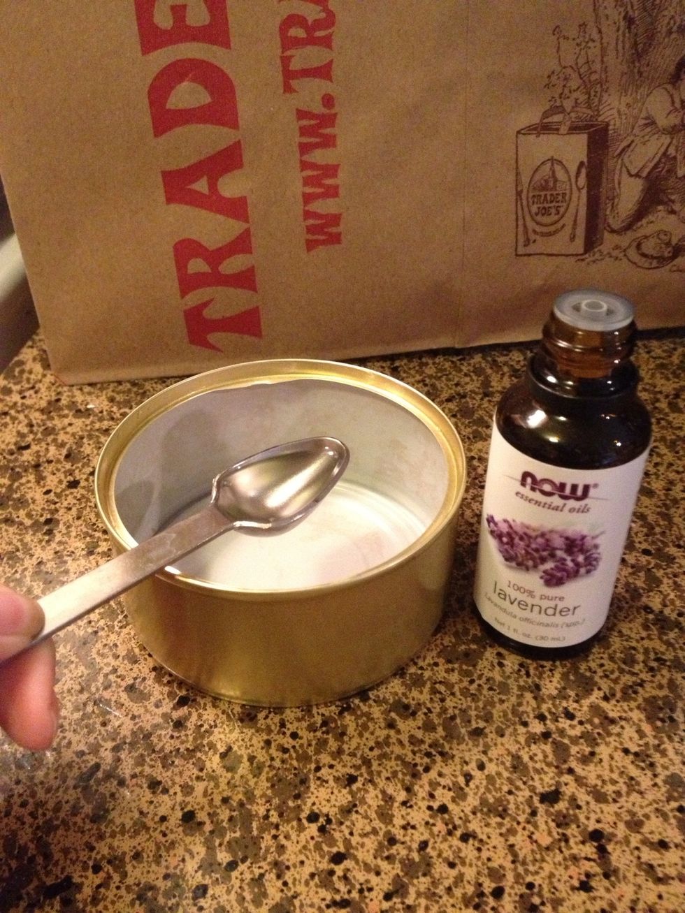 I used a cat food can to put my air freshener in, because that's what I had lol Most people use a glass jar. Add 1-2 tsp of chosen oil to your container. If you are using food coloring, add now.