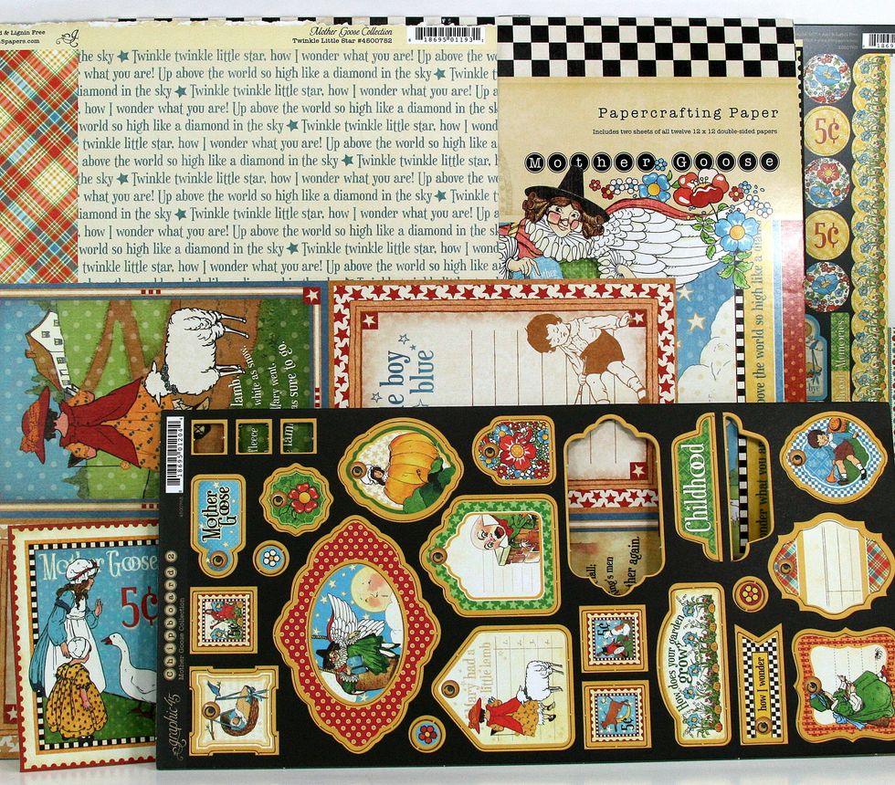 I used a fabulous selection of patterned papers from Graphic 45s Mother Goose line. I just love the bright colors and graphic shapes!