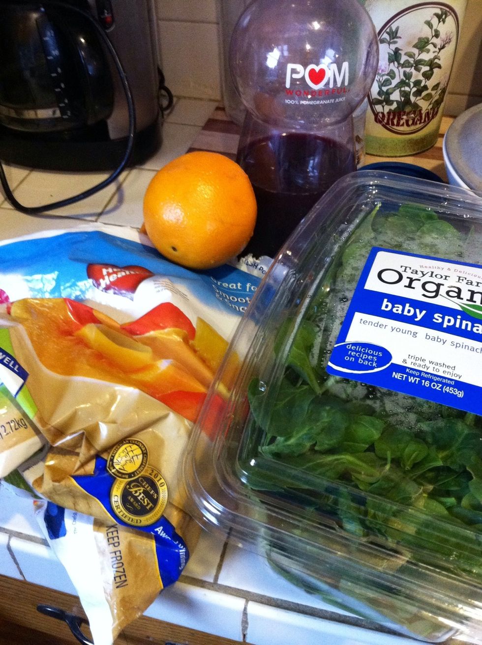 I used a frozen mix of pineapple, mango, strawberries & peaches. I didn't use the orange, but I've seen many variations of this recipe using fresh squeezed or bottled OJ instead of water.