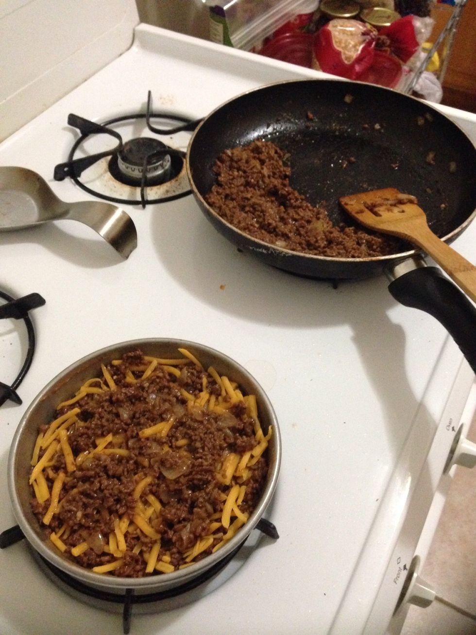 I used a smaller pan because I made two dip servings. Only used half the meat for the next layer. If you want to use it all, use a bigger pan/dish with more surface area. Mix in some shredded cheese