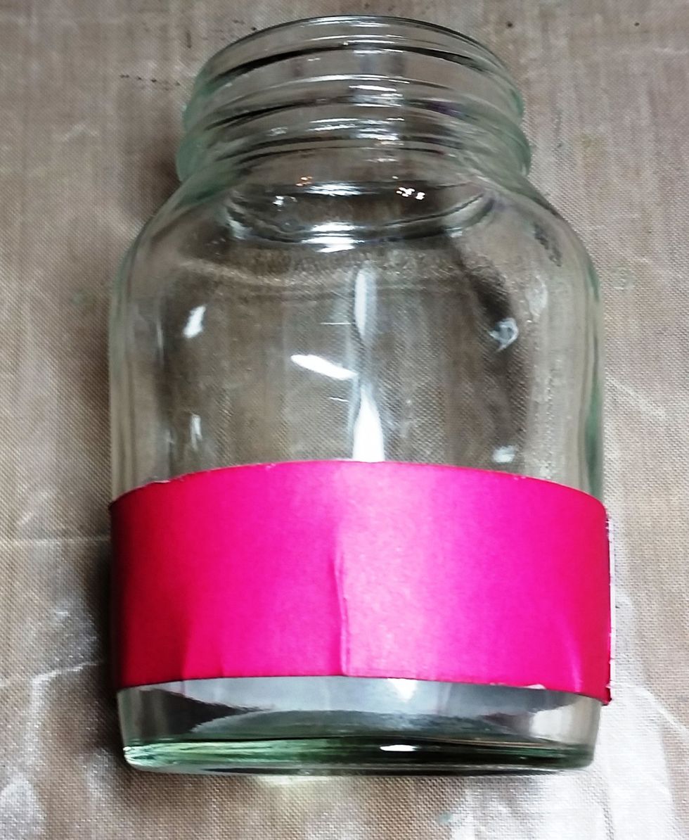 I used an old mustard jar cleaned out very well and removed all labels. I then stuck the pink paper around the bottom after inking all the edges in brown.