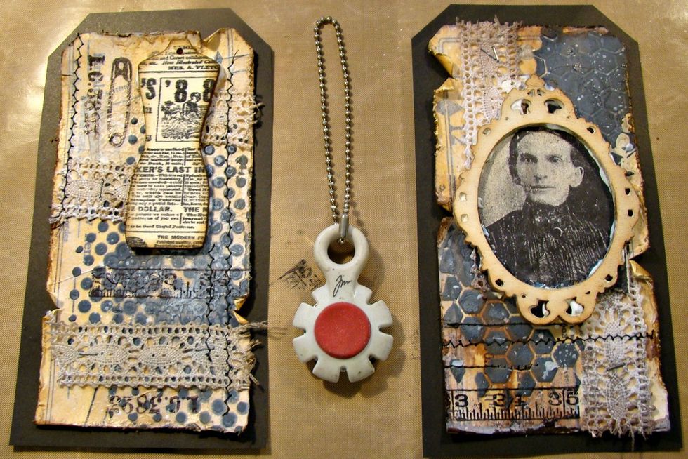 I used black cardstock to back each tag and then using a distressed tool or your scissors, distress the edges of your black background.